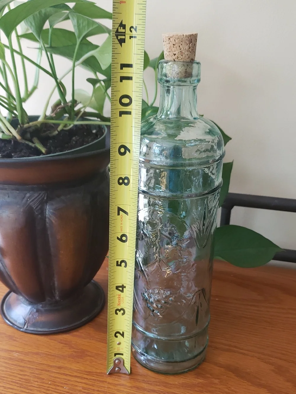 Grapevine Design Green Tinted Glass Bottle with Cork Stopper